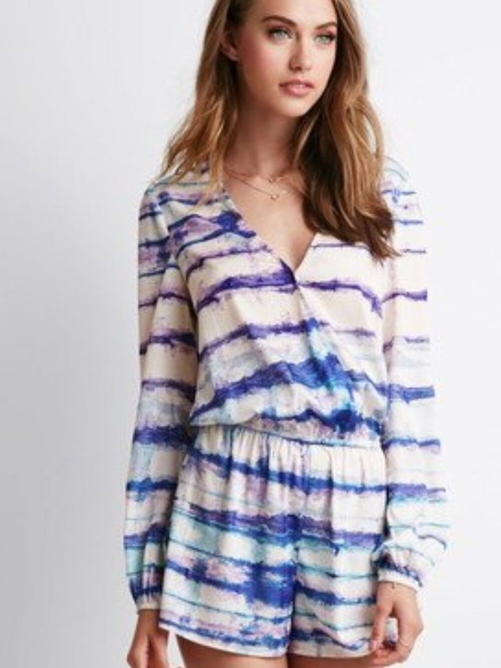 Forever 21 Cream Purply Boho Watercolor Stripe Print Romper Small S